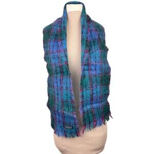 FoxFord IRELAND Blue Green Scarf Wool Mohair Plaid Rectangle Shaped Around Neck